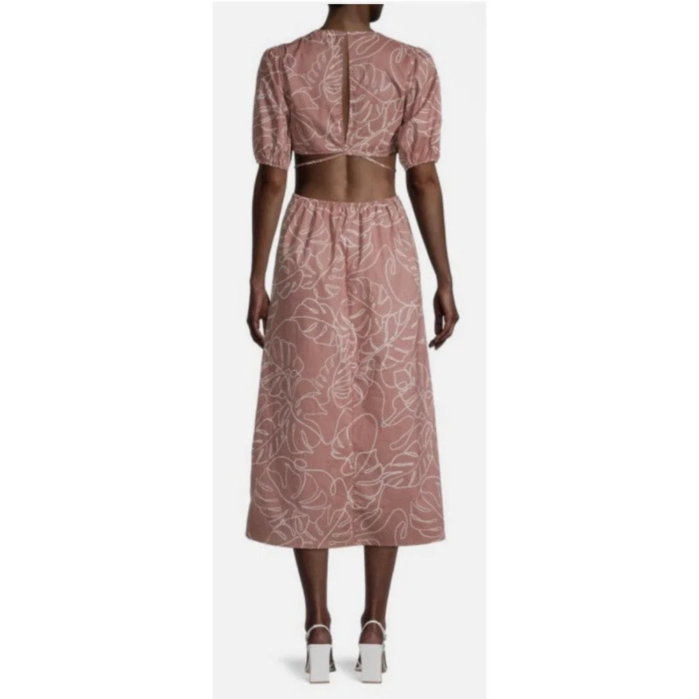 Lush Caramel Abstract Puff Sleeve Cutout Midi Dress Size M NWT 100% Cotton - Picture 2 of 12